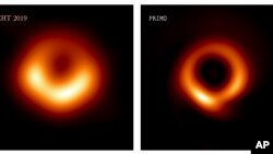 This combination of images provided by researcher Lia Medeiros shows images of the M87 black hole released in 2019, left, and an updated one for 2023. (Lia Medeiros via AP)