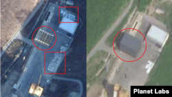 서해위성발사장의 지난해 11월(왼쪽)과 올해 5월 16일(오른쪽) 모습. 뼈대만 있던 이동식 조립건물(원 안)이 5월 16일 자 위성사진에선 완성돼 있고, 주변의 자재(사각형 안)도 사라진 것으로 나타난다. 사진=Planet Labs.