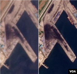 지난달 1일(왼쪽)과 25일을 비교한 사진. 석탄의 면적이 넓어졌다는 것을 알 수 있다. 사진=Planet Labs