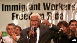 FILE - Rev. James Lawson, Civil Rights era activist and 1961 Freedom Rider gestures during a labor rally, Feb. 26, 2003 in Oakland Park, Florida.