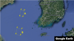 북한이 일본에 위성 발사 계획을 통보하면서 제공한 발사체 낙하 지점 A와 B. 과거와 동일한 지대를 낙하 지점으로 통보했다.
