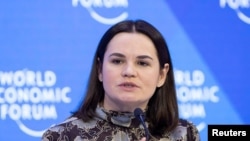 FILE - Leader of the Democratic Forces of Belarus Sviatlana Tsikhanouskaya speaks during a session of the World Economic Forum 2023, in Davos, Switzerland, Jan. 19, 2023. 