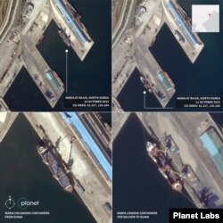 RUSI 보고서에 실린 지난 10월 10일과 11일 플래닛 랩스의 고화질 위성사진. 북한 전용 부두(아래)와 중국 전용 부두에서 선적 작업에 한창인 선박의 움직임을 볼 수 있다. 선박은 러시아 선적의 마리아호. 자료 제공=Planet Labs