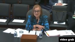 FILE - USAGM CEO Amanda Bennett testifies before the U.S. House Committee on Appropriations, Subcommittee on State, Foreign Operations, and Related Programs, March 9, 2023, in a still made from video.