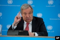 FILE - U.N. Secretary-General Antonio Guterres addresses the media during a visit to the U.N. office in the capital Nairobi, Kenya, May 3, 2023.