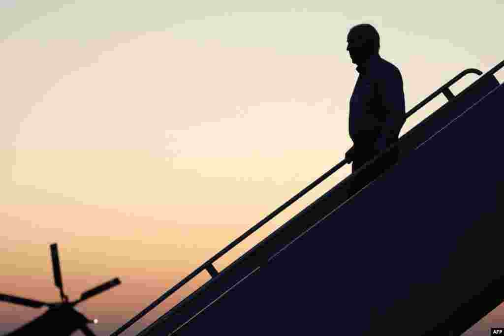 US President Joe Biden steps off Air Force One as he arrives at Hagerstown Regional Airport in Hagerstown, Maryland, June 20, 2024.
