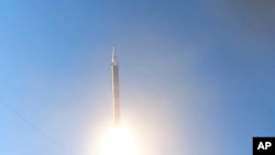 This frame grab from video released by the Ansar Allah Media Office of Yemen's Houthi rebels on June 5, 2024, shows the launch of a Palestine missile from a rebel-controlled area of Yemen.