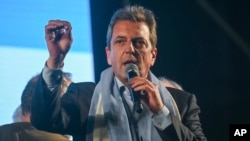 Sergio Massa, economy minister and presidential candidate for the ruling party, speaks outside his campaign headquarters after general elections in Buenos Aires, Argentina, Oct. 22, 2023.