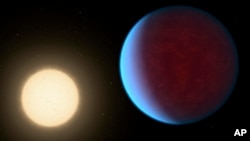 This illustration provided by NASA in 2017 depicts the planet 55 Cancri e, right, orbiting its star. 