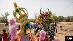 Des fées masquées dansent au son des tambours dans les rues lors du festival du Kankurang à Janjanbureh, le 27 janvier 2024. Inscrit au patrimoine mondial de l'UNESCO depuis 2005. (Photo MUHAMADOU BITTAYE / AFP)