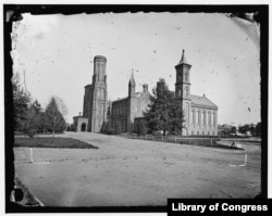 This circa 1870 image from a glass plate negative shows the Smithsonian Institution "Castle" in Washington, D.C.
