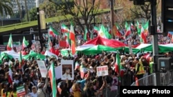 Iranian Americans rally near Los Angeles City Hall on Feb. 11, 2023, to support protesters in Iran who have been demonstrating against their Islamist rulers since the previous September. (Karmel Melamed) 