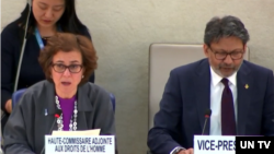 나다 알나시프 유엔 인권최고대표사무소(OHCHR) 부대표(왼쪽)가 22일 유엔 인권이사회에서 발언하고 있다.