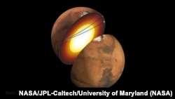 This artist’s concept shows a cutaway of Mars, along with the paths of seismic waves from two separate quakes in 2021.