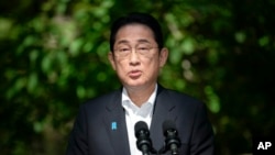 Japan's Prime Minister Fumio Kishida speaks during a joint news conference with US President Joe Biden and South Korea's President Yoon Suk Yeol on Aug. 18, 2023, at Camp David, the presidential retreat, near Thurmont, Md.