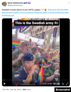 Footage using Swedish service members participating in a Pride parade to characterize the military as “weak” and not a NATO asset; Photo credit: X
