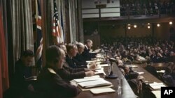 FILE - Members of the International Military Tribunal read the verdicts in the courtroom of the Palace of Justice in Nuremberg, Germany, on Sep. 30, 1946.