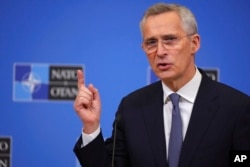 NATO Secretary-General Jens Stoltenberg speaks during a media conference ahead of a meeting of NATO defense ministers at NATO headquarters in Brussels, Feb. 13, 2023.