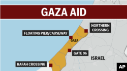 Peta yang menunjukkan lokasi dermaga yang dibuat untuk meningkatkan bantuan masuk ke Gaza. (Foto: AP)