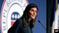 FILE - Former U.N. Ambassador and former South Carolina Governor Nikki Haley speaks during the Iowa Republican Party's Lincoln Dinner in West Des Moines, Iowa, June 24, 2021.