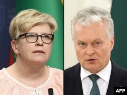 This combination of file pictures shows (L) Lithuania's Prime Minister Ingrida Simonyte addressing a press conference in Vilnius, on Apr. 5, 2024 and (R) Lithuania's President Gitanas Nauseda on Apr. 2, 2024..