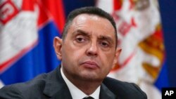 FILE - Aleksandar Vulin, former director of Serbia's intelligence agency, attends a press conference in Belgrade, Serbia, on Sept. 8, 2021.