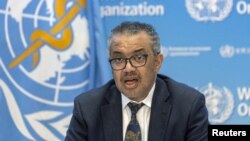 Direktur Jenderal WHO Tedros Ghebreyesus berbicara di Jenewa, Swiss. 
