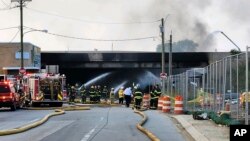 Image from Philadelphia Fire Department shows the scene after a truck fire on I-95, June 11, 2023, in Philadelphia where the elevated section of I-95 collapsed.