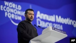 Ukrainian President Volodymyr Zelenskyy speaks at the annual meeting of the World Economic Forum in Davos, Switzerland, Jan. 16, 2024. The annual meeting of the World Economic Forum continues until Jan. 19, 2024.