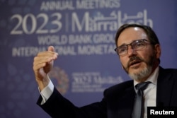 IMF Chief Economist Pierre-Olivier Gourinchas speaks during an interview with Reuters on the first day of the annual meeting of the International Monetary Fund and the World Bank, in Marrakech, Morocco, Oct. 9, 2023.