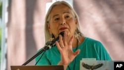 FILE - Denise Lajimodiere at the Minnesota Children's Book Festival in Red Wing, Minn., Sept. 18, 2021. Lajimodiere is North Dakota's first Native American state poet laureate.