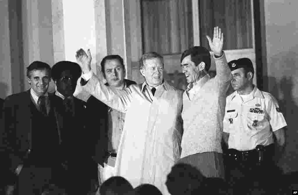 Former U.S. President Jimmy Carter, Jan. 21, 1981, in Wiesbaden, Germany, arrives at the U.S. Air Force hospital here to greet the hostage released by Iran after 445 days of captivity.