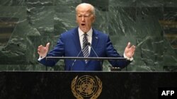 Presiden AS Joe Biden memberikan pidato di depan Sidang Majelis Umum PBB di New York, hari Selasa (19/9). 