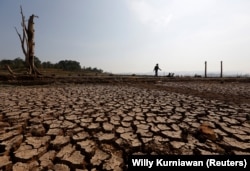 Seorang pria berjalan di dekat lahan kering yang sebelumnya terendam di Waduk Jatigede tetapi kini mengering di Sumedang, Jawa Barat, 15 September 2018. (Foto: REUTERS/Willy Kurniawan)