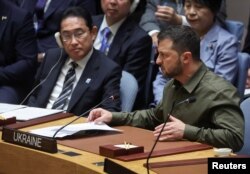 볼로디미르 젤렌스키 우크라이나 대통령이 20일 뉴욕 유엔본부에서 열린 안보리 회의에서 발언하고 있다.