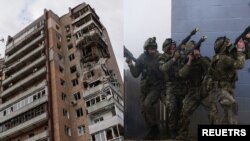 4일 러시아의 드론 공격으로 파손된 빌딩(좌) · 훈련 중인 우크라이나 병사들의 모습(우).