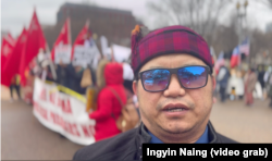 M Tu Aung, a leader of the American-Kachin community in Washington, speaking to VOA in front of White House, Feb. 25, 2023.