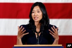 FILE - Boston Mayor Michelle Wu speaks Nov. 8, 2022, in Boston. A spate of false reports of shootings at the homes of public officials in recent days could be setting the stage for stricter penalties. Wu has been among the victims.