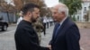 This handout photo released by Ukraine's Presidential Press Service on Oct. 1, 2023, shows Ukraine's President Volodymyr Zelenskyy (L) shaking hands with EU foreign policy chief Josep Borrell during a ceremony marking Defenders Day of Ukraine in Kyiv.
