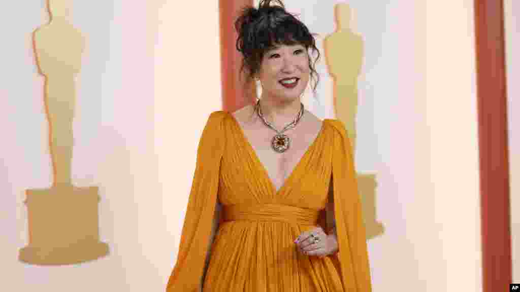 Sandra Oh arrives at the Oscars on Sunday, March 12, 2023, at the Dolby Theatre in Los Angeles. (Photo by Ashley Landis/AP Photo)