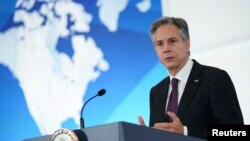 토니 블링컨 미국 국무부 장관이 15일 '연례 인신매매 보고서'를 발표하는 자리에서 연설하고 있다.