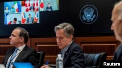 FILE - U.S. Secretary of State Antony Blinken attends a video meeting with G7 leaders at the White House in Washington, April 14, 2024. Blinken is leaving April 16 for a G7 foreign ministers’ meeting in Italy. (The White House/Handout via Reuters)