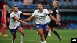 England's Lauren James, right, celebrates a goal with teammate Ella Toone during a Women's World Cup soccer match against Denmark in Sydney, Australia, on July 28, 2023. James is among a number of rising stars who have played in the 2023 World Cup.