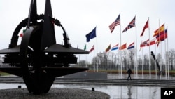 Seorang pria berjalan melintas di depan bendera negara-negara anggota Pakta Pertahanan Atlantik Utara (NATO) di markas NATO di Brussels, Belgia, 11 Maret 2024. (Foto: Geert Vanden Wijngaert/AP Photo)