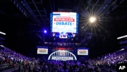 The stage is set at Fiserv Forum before the first 2023 Republican presidential debate in Milwaukee on Aug. 23, 2023. 