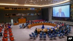 지난해 8월 뉴욕 유엔본부에서 열린 북한 인권 관련 안보리 공개회의에서 폴커 투르크 유엔 인권최고대표가 화상으로 모두발언을 했다. (자료사진)