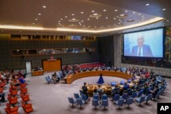 지난해 8월17일 뉴욕 유엔본부에서 열린 북한 인권 관련 안보리 공개회의에서 폴커 투르크 유엔 인권최고대표가 화상으로 모두발언을 했다. (자료사진)