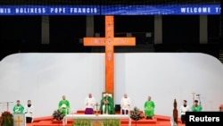 Pope Francis attends the Holy Mass in the Steppe Arena, during his Apostolic Journey in Ulaanbaatar, Sept. 3, 2023. (Vatican Media/­Handout via Reuters)
