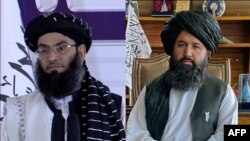 ندا محمد ندیم (راست) سرپرست وزارت تحصیلات عالی و محمد خالد حنفی، سرپرست وزارت امر به معروف و نهی از منکر حکومت طالبان