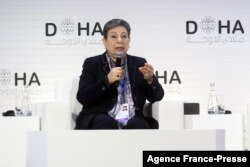 FILE - Hanan Ashrawi, Member, Executive Committee, Palestine Liberation Organization, attends the Doha Forum 2019 at the Sheraton Grand Doha Resort & Convention Hotel in Doha, Qatar, Dec. 15th of 2019. (Photo by Ammar Abd Rabbo / Auditoire)